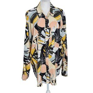 Calia Colorful Print Linen Button Down Shirt Size Large Pink and Yellow Top